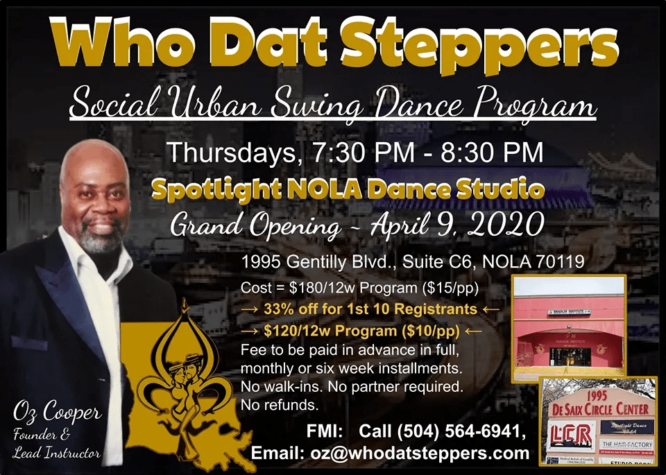 A flyer for the who dat steppers special urban swing dance program.