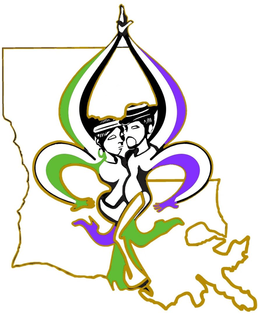 A drawing of two people kissing in front of a fleur de lis.