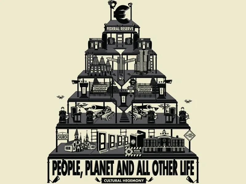 A black and white image of people, planet and all other life.